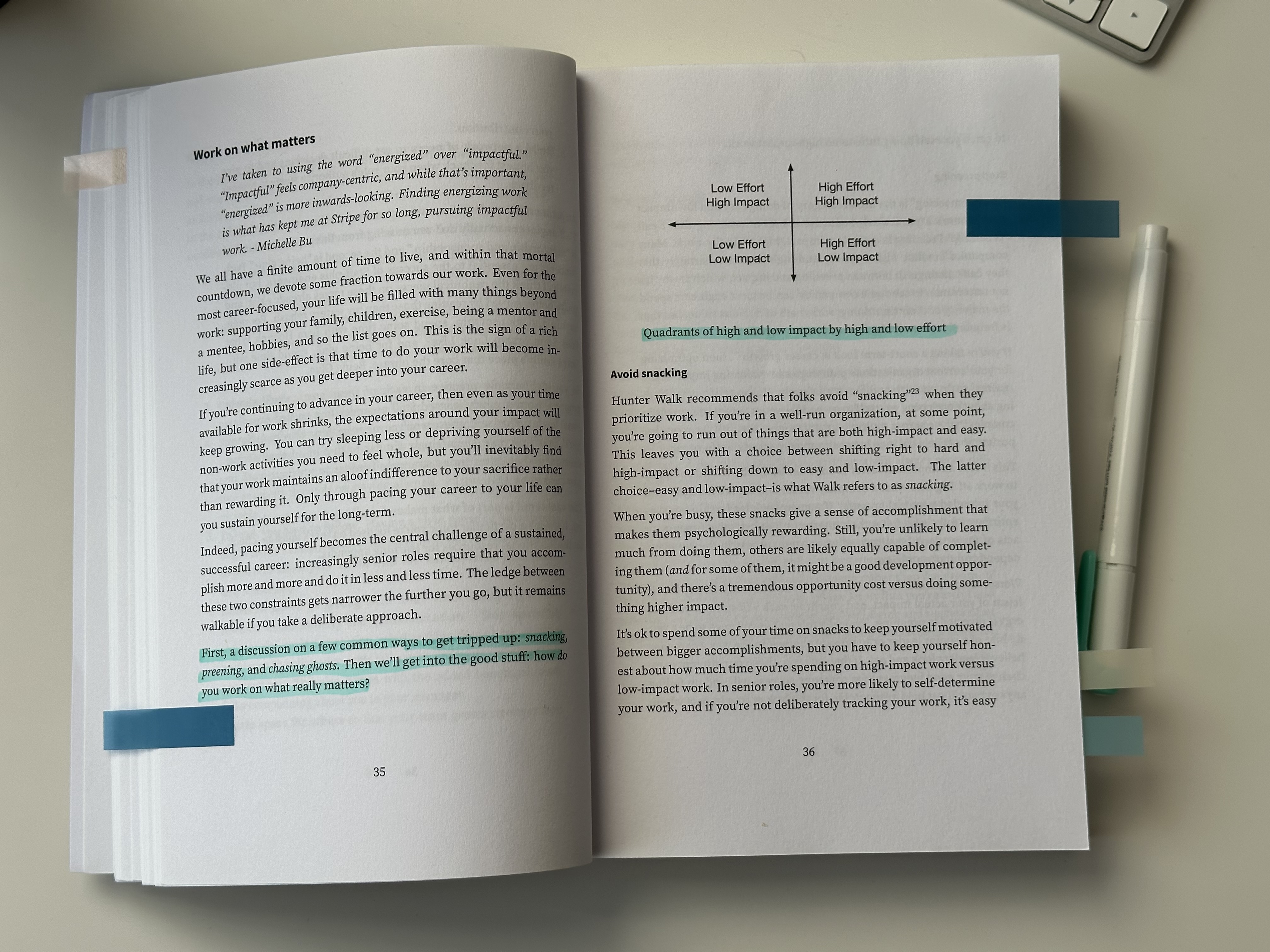 The Work on what matters chapter of Staff Engineer, with highlighted lines and the effort versus impact quadrants diagram