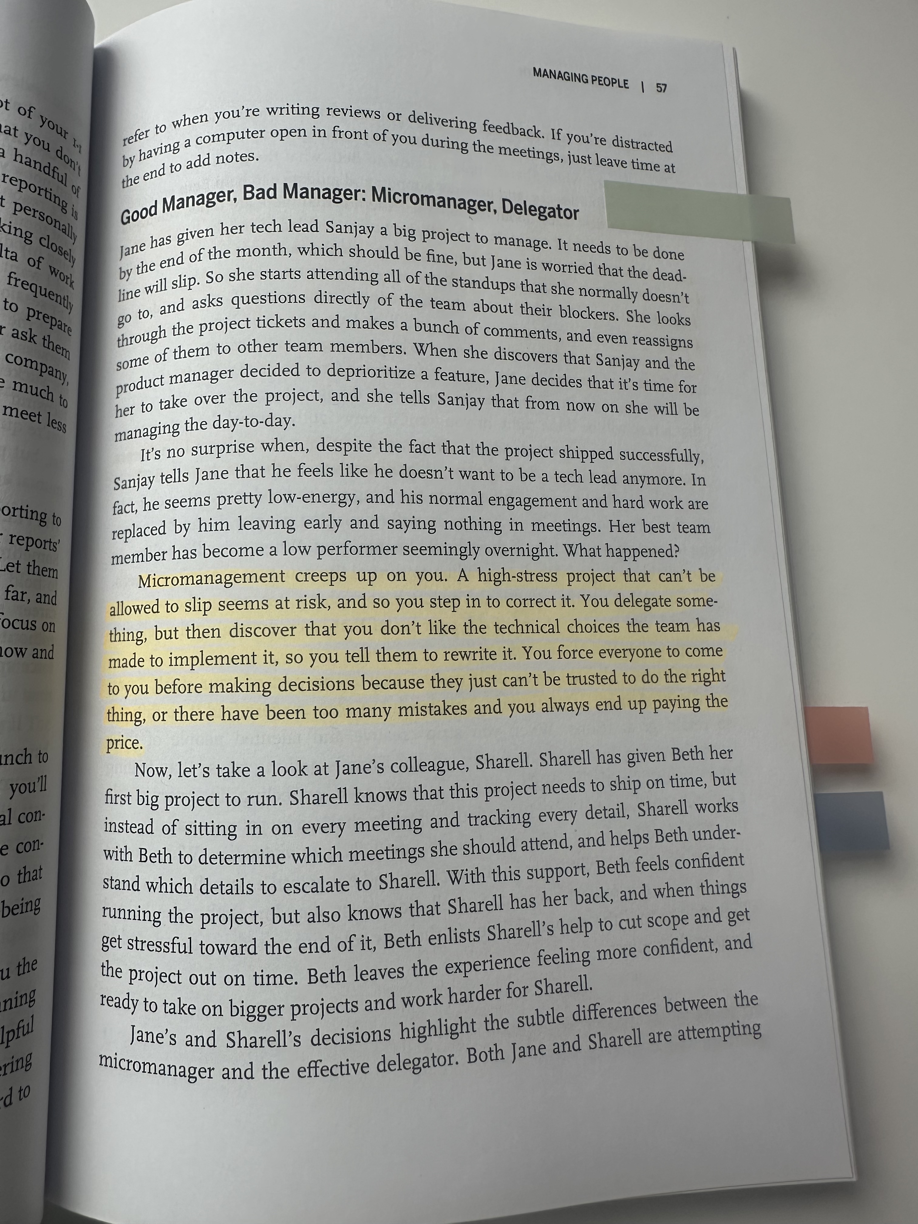 Highlighted passage on micromanagement and delegation from The Manager's Path