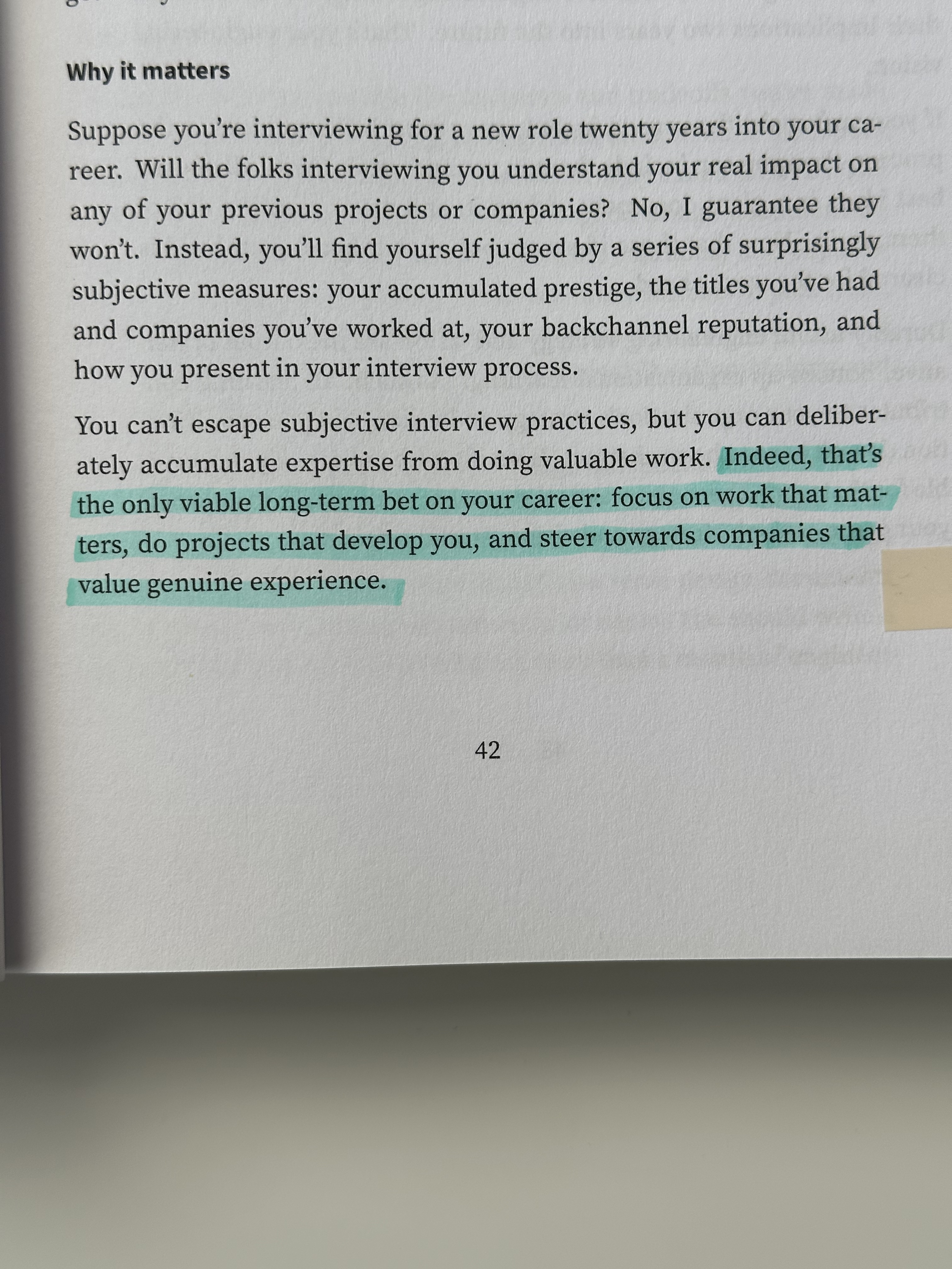 Highlighted closing lines of the Work on what matters chapter in Staff Engineer, on focusing on work that matters