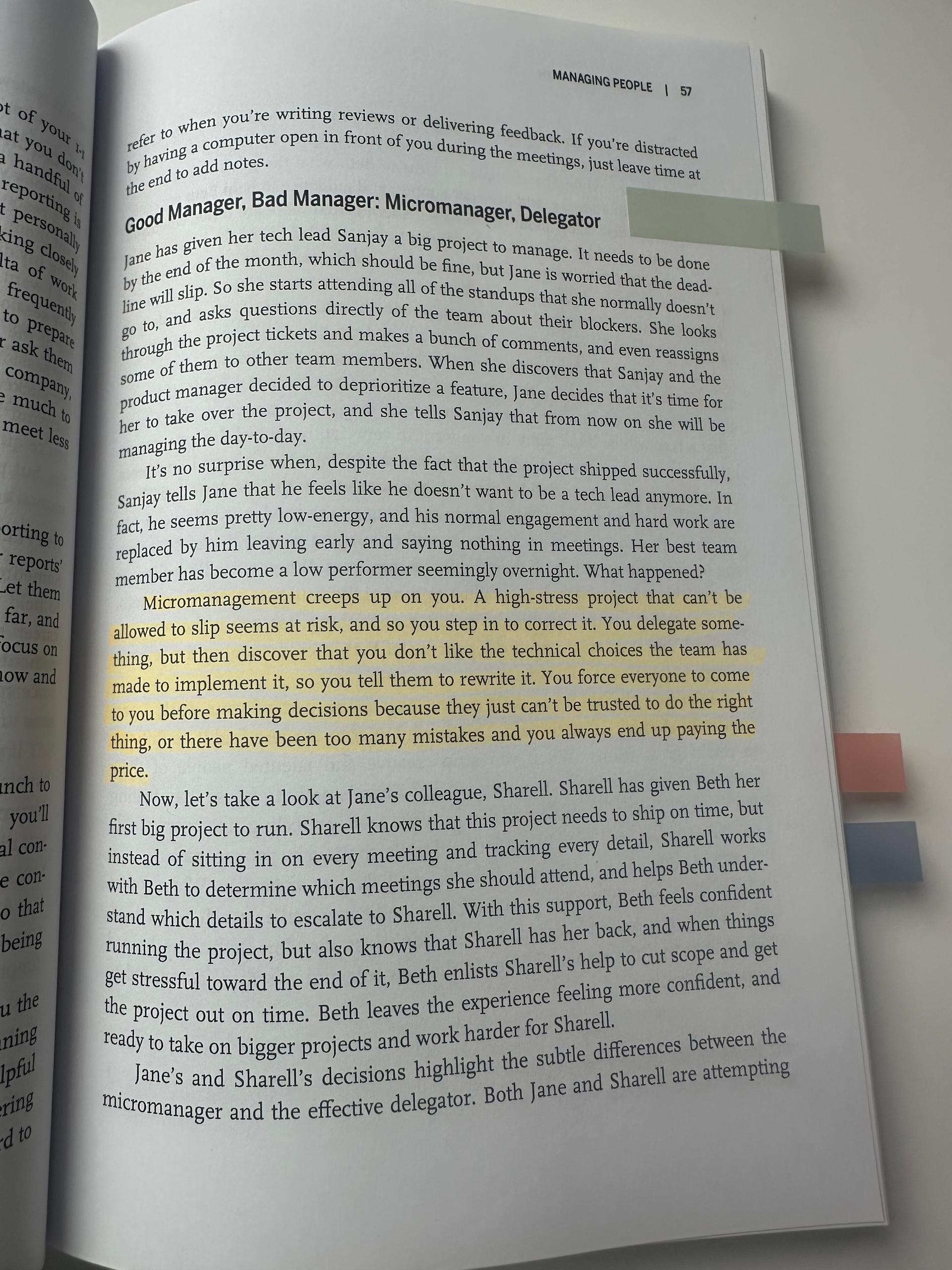 Highlighted passage on micromanagement and delegation from The Manager's Path