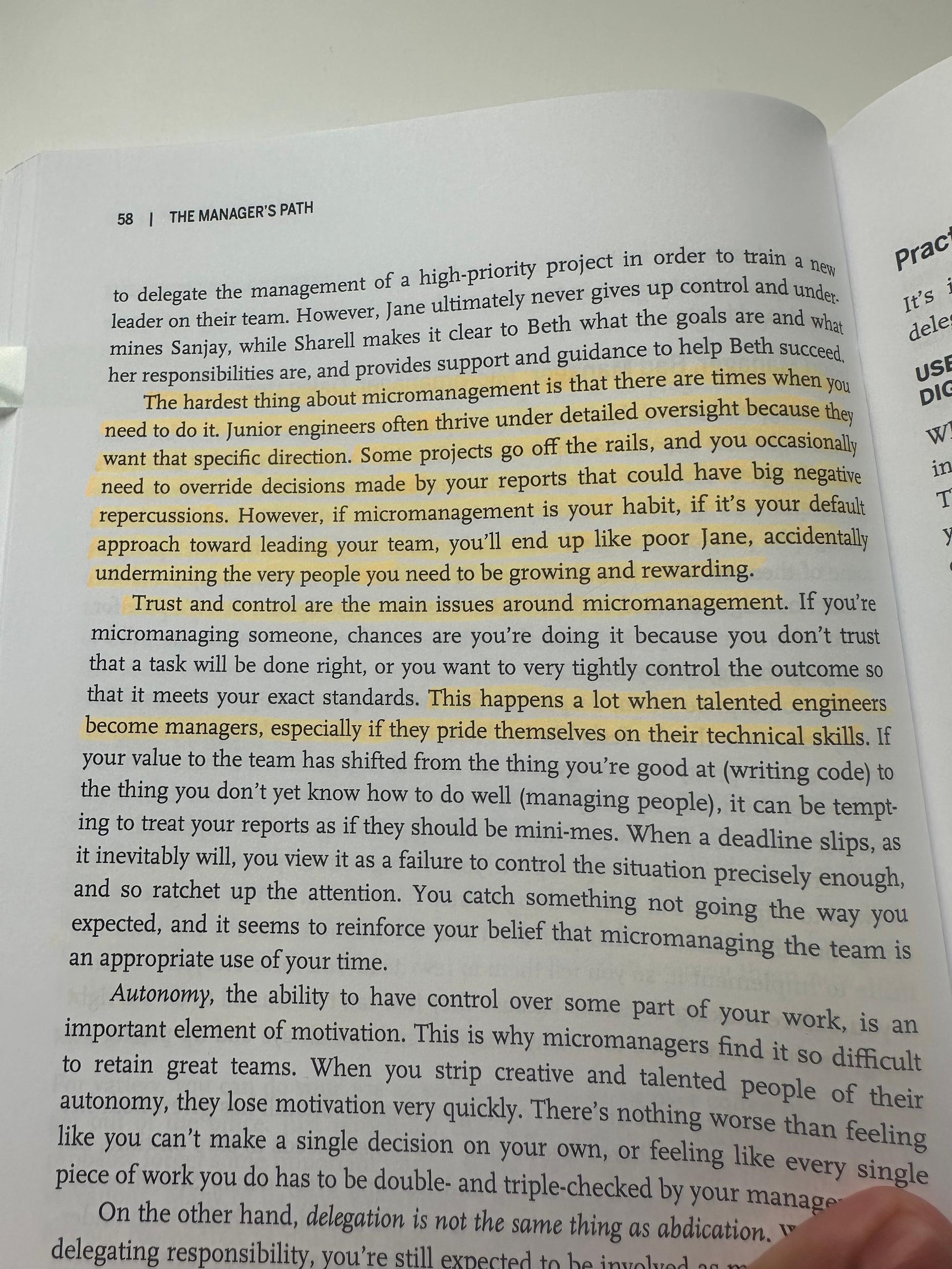 Highlighted passage on micromanagement and delegation from The Manager's Path